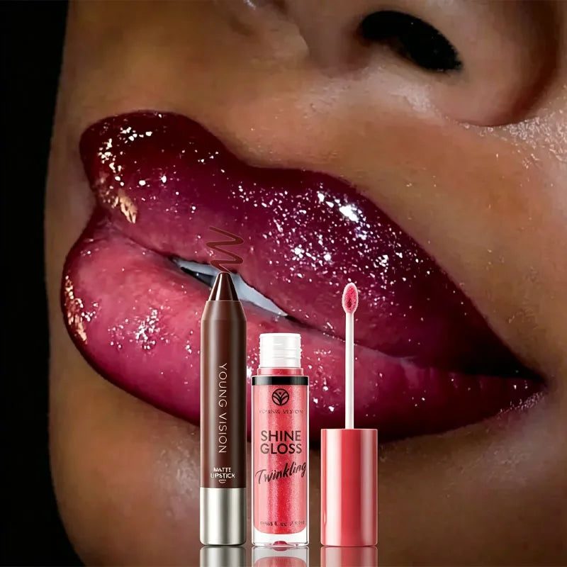 2pcs Hydrating Lip Gloss & Lip Liner Set, Sparkling Finish, Smooth Application, Long-Lasting Color & Hydration, Define Your Lips With 3D Precision, Achieve Dewy Look For Any Occasion, Perfectly Versatile For Every Makeup Styl