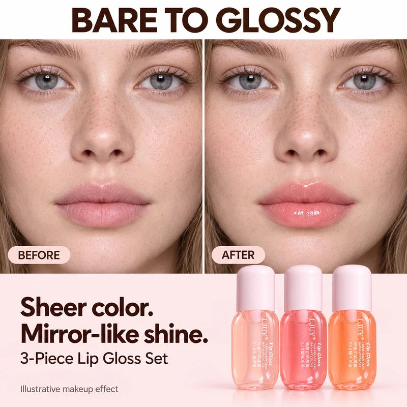 3PCS Lip Gloss Set for Women, Hydrating Moisturizing Sheer Tinted Lipgloss, Clear Pink Peach Shades, High Shine Mirror Finish, Smooth Jelly Texture, Non-Greasy Formula, Large Soft Applicator, Daily Lip Makeup Trio, Travel Bea