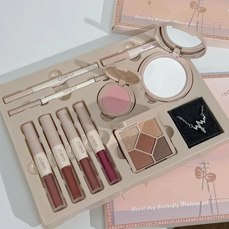 QIBEST 4 Colors Double Head Lip Glaze,Pressed Powder,Blush,Eyeshadow, Eyebrow Pencil,Eyeliner,Lip Oil Multipurpose Makeup Kits