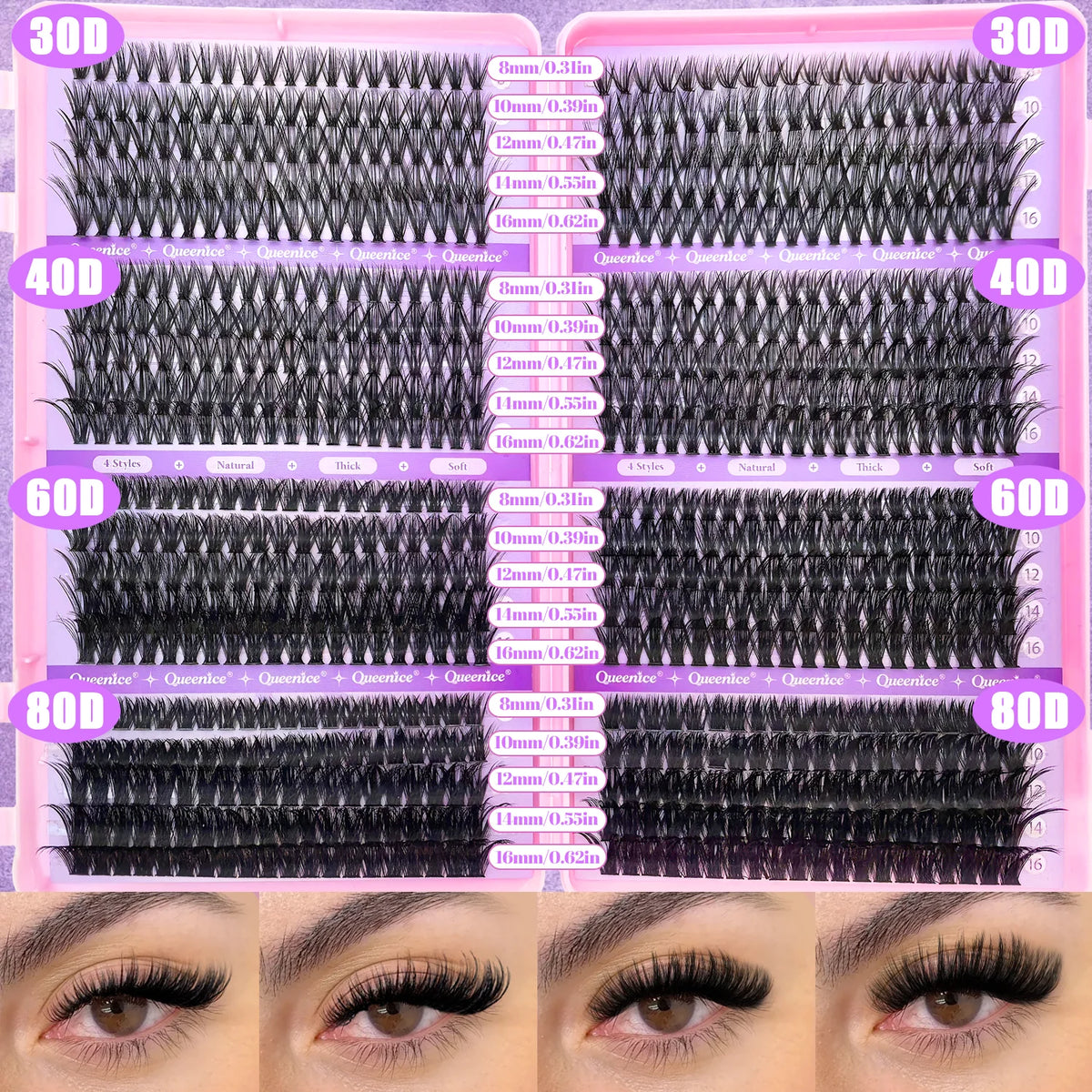 QUEENICE Lashes Cluster DIY Lash Extension Mixed Tray Clusters Eyelashes Fluffy Individual Lashes Cat Eye Lash Extension