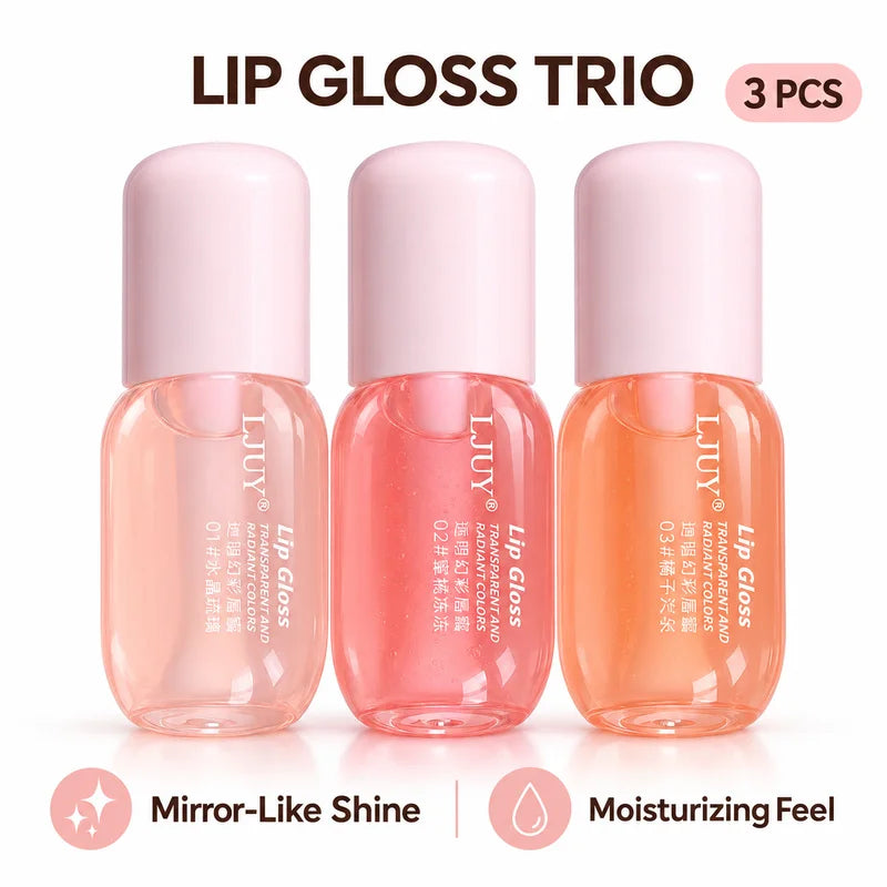3PCS Lip Gloss Set for Women, Hydrating Moisturizing Sheer Tinted Lipgloss, Clear Pink Peach Shades, High Shine Mirror Finish, Smooth Jelly Texture, Non-Greasy Formula, Large Soft Applicator, Daily Lip Makeup Trio, Travel Bea