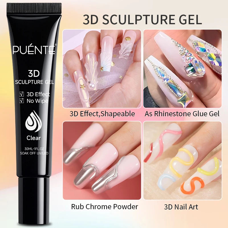 PUENTE 30ML Clear 3D Modeling Gel For Nail Art Sculpting Carving Molding Rhinestone Glue Soak Off No Wipe Nail Gel Varnish