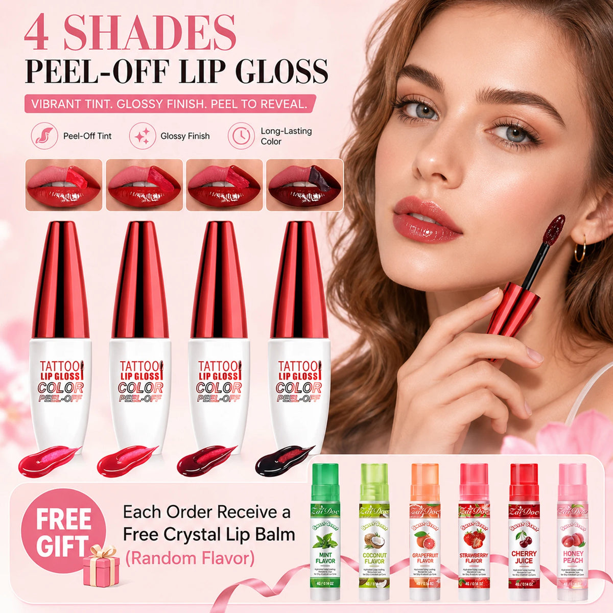 ZaiDoc Peel Off Lip Stain Tint Set 4 Colors Long Lasting Waterproof Transfer Proof Matte Finish Lip Gloss 10g Each